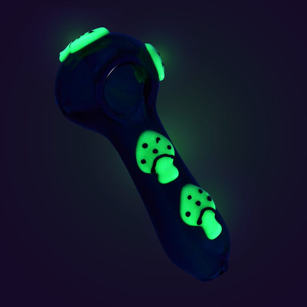 Front view of the 4-inch Glow in the Dark Mushroom Spoon Pipe, showcasing its glowing green mushroom-shaped bowl and dark body.