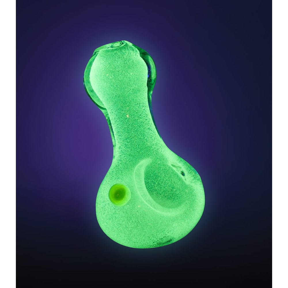 A three-inch Glow Spoon Hand Pipe with a pinch tip and marble is shown in a close-up, angled view against a black background.