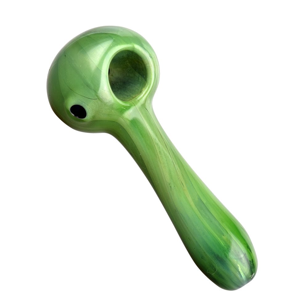 Close-up, angled view of the Green Apple Hard Candy Spoon Pipe, showing its smooth, glossy finish and curved design.