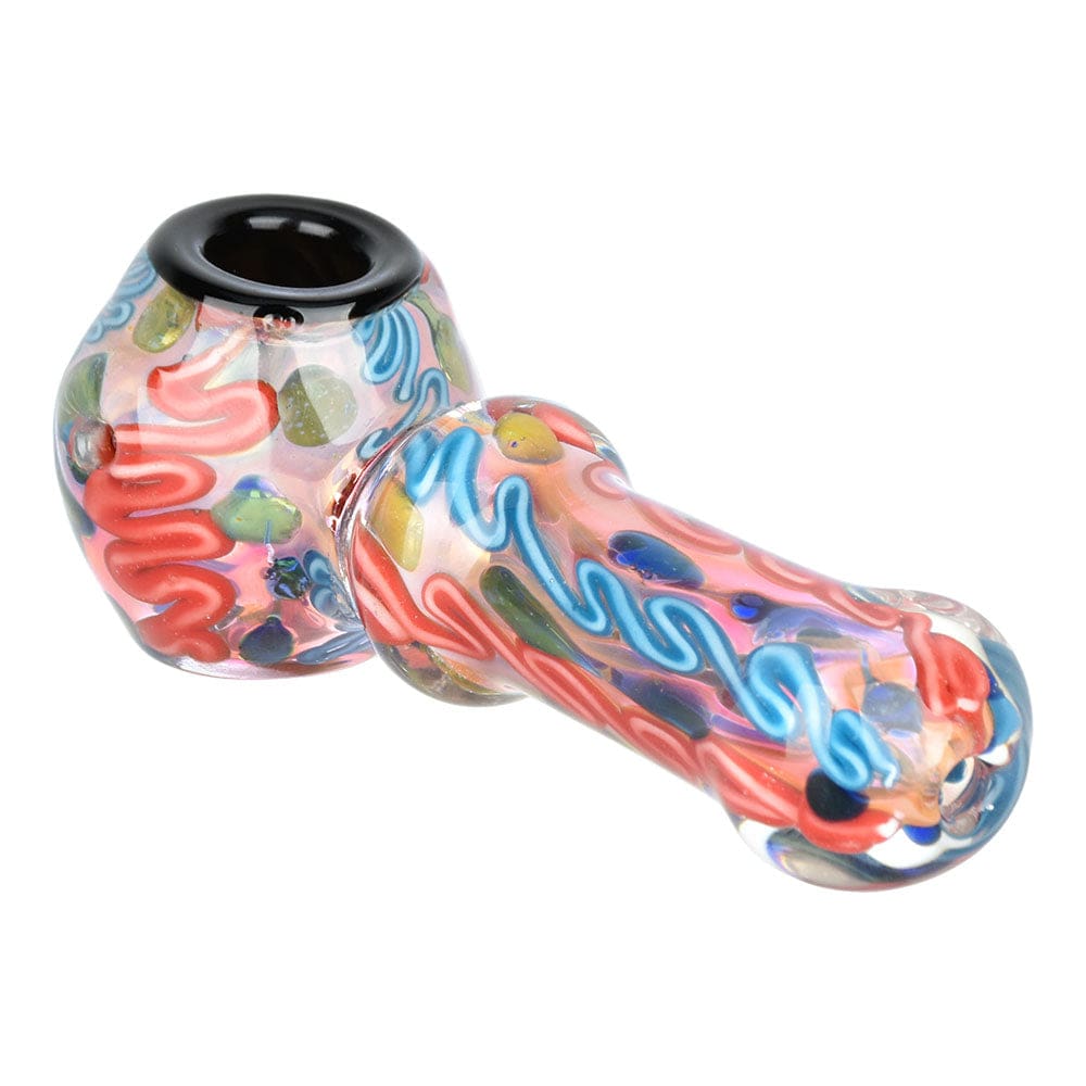 A side view of the 4.25" Lustrous Fumed Glass Spoon Pipe, showing the colorful, swirled glass design.