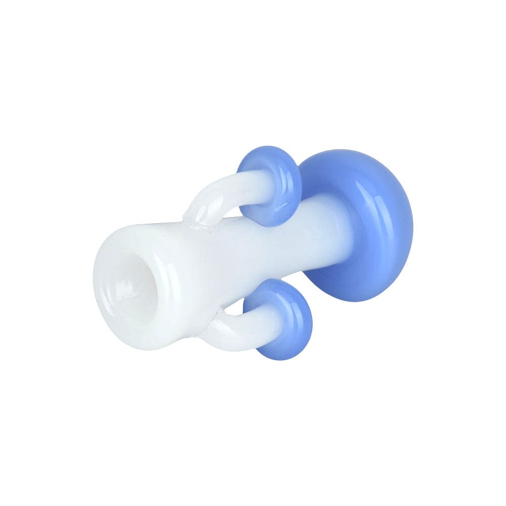 A close-up, angled view of the 3-inch Mushroom Quartet Chillum, showcasing its blue-tinted glass design.