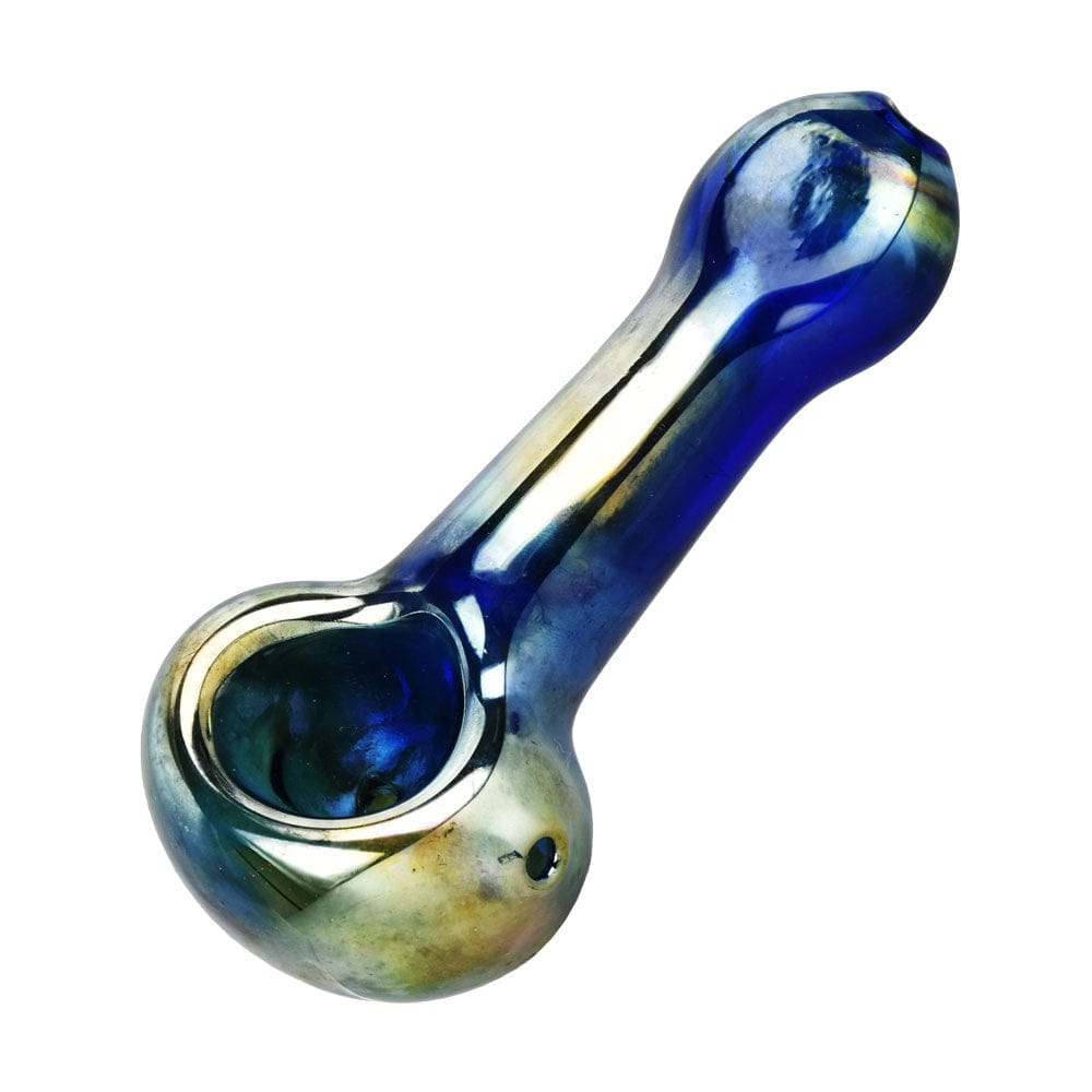 The Oil Slick Lightweight Glass Spoon Pipe is shown in a side view, displaying its iridescent sheen and curved shape.