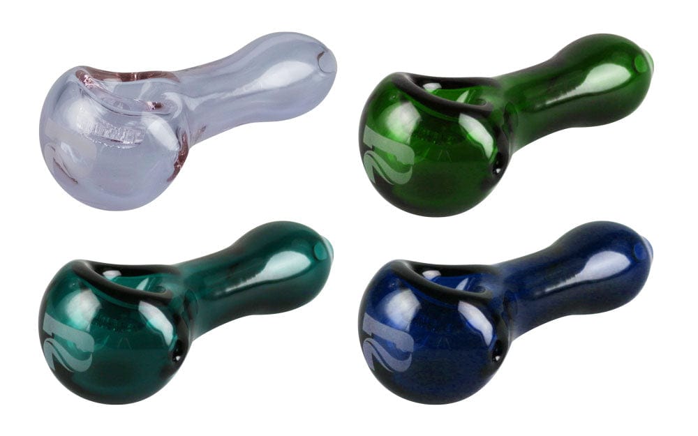 A front view of the 4-inch Pulsar Spoon Pipe with a built-in honeycomb screen, showcasing its curved glass design.