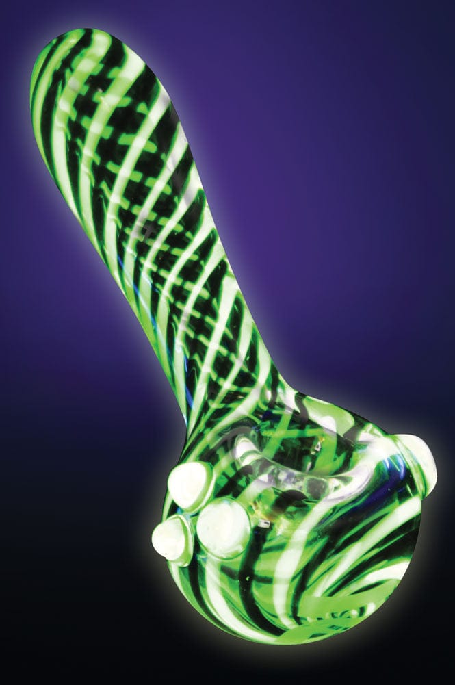 A close-up, angled view of the Pulsar UV Candy Stripe Spoon Pipe, showcasing its colorful striped glass design.