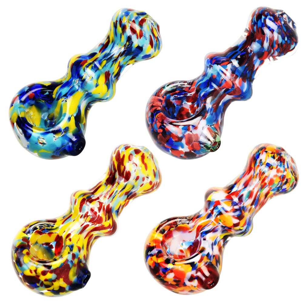 Front view of the 3.25” Rainbow Blast Fancy Spoon Pipe with vibrant colors and a curved design.