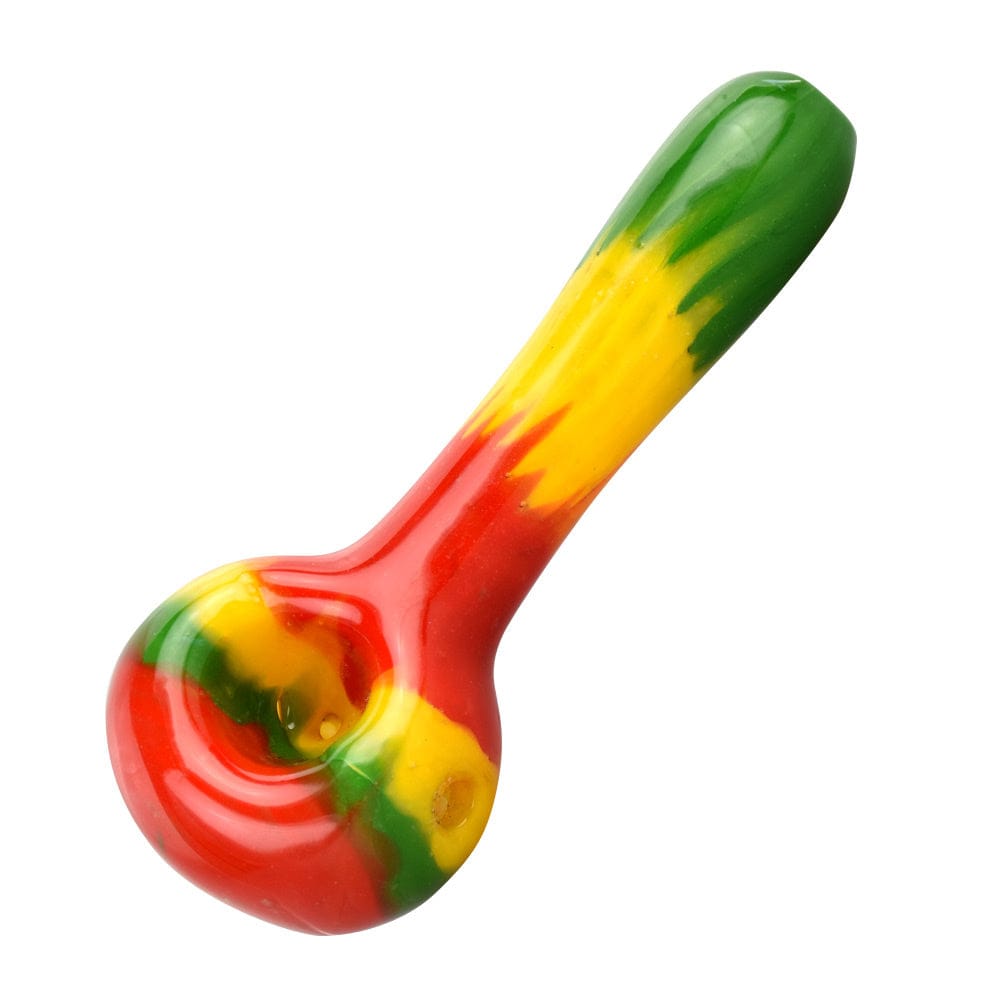 A side view of the Rasta Color Block Spoon Pipe, displaying a red, yellow, and green gradient design.