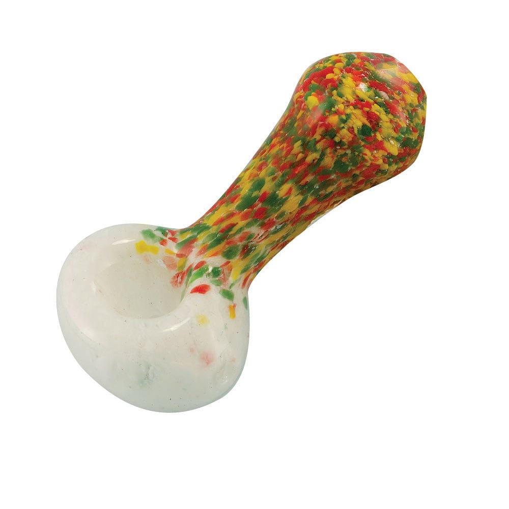 A three-quarter view of the Rasta Color Frit Glass Spoon Pipe, showing its colorful frit pattern and curved design.