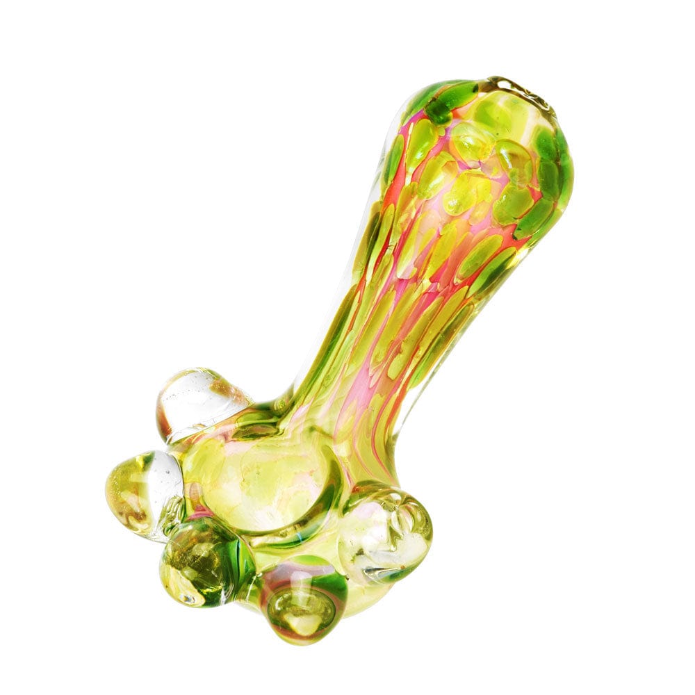 A close-up, angled view of the Soap Bubble Inside Out Glass Spoon Pipe, showcasing its swirling, colorful glass design.