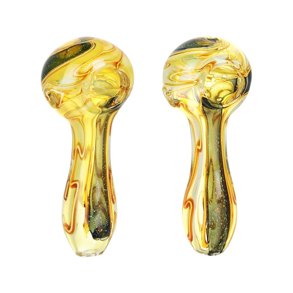 Front view of the Sparkle Lane Dicro Spoon Pipe - 3.5", showcasing a swirled glass design with a subtle iridescent sheen.