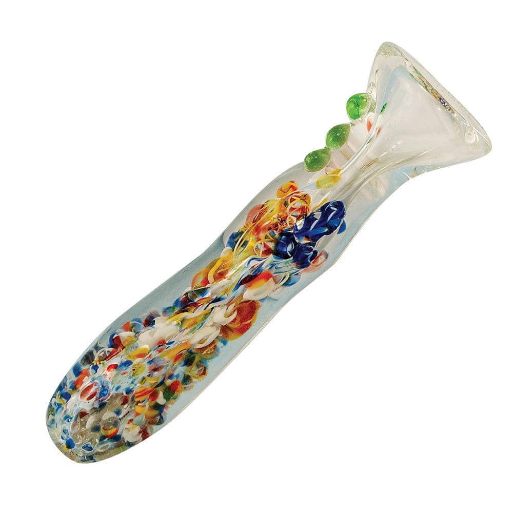 A close-up view of the Splatter Frit Glass Chillum with colorful frit patterns visible in clear glass.