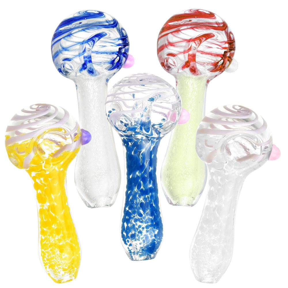 A side view of the Swirled and Fritted Spoon Pipe – 3.5”, showcasing varied colorful glass swirls and a fritted surface.