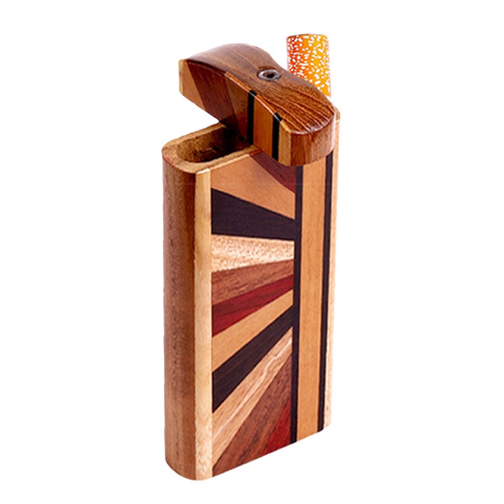 Front view of the Striped Wood Dugout w/ Horizon Woodworked Design, showcasing its colorful, layered wooden grain pattern.
