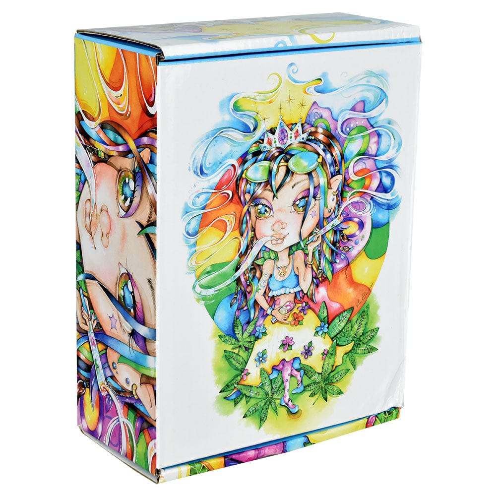 Front view of the Linda Biggs Bubbler w/ Tray Travel Tin - 4.25", showcasing vibrant, colorful artwork on a metallic case.
