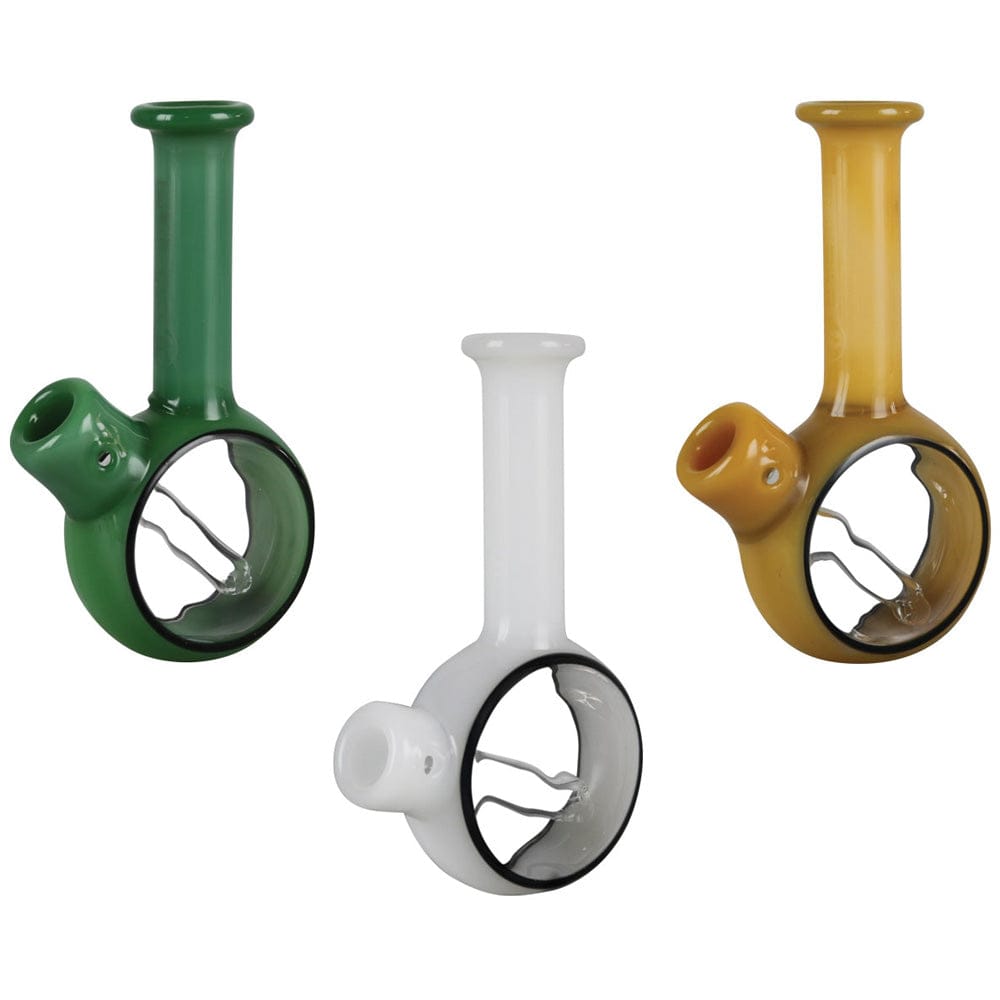 Front view of the Pulsar Pocket Bubbler, a compact, colorful bubbler with a distinct circular mouthpiece.