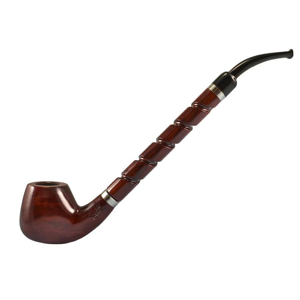 A side view of the 10.5" Pulsar Shire Pipes Bent Brandy Cherry Wood Tobacco Pipe, showcasing its curved design and rich wood finish.
