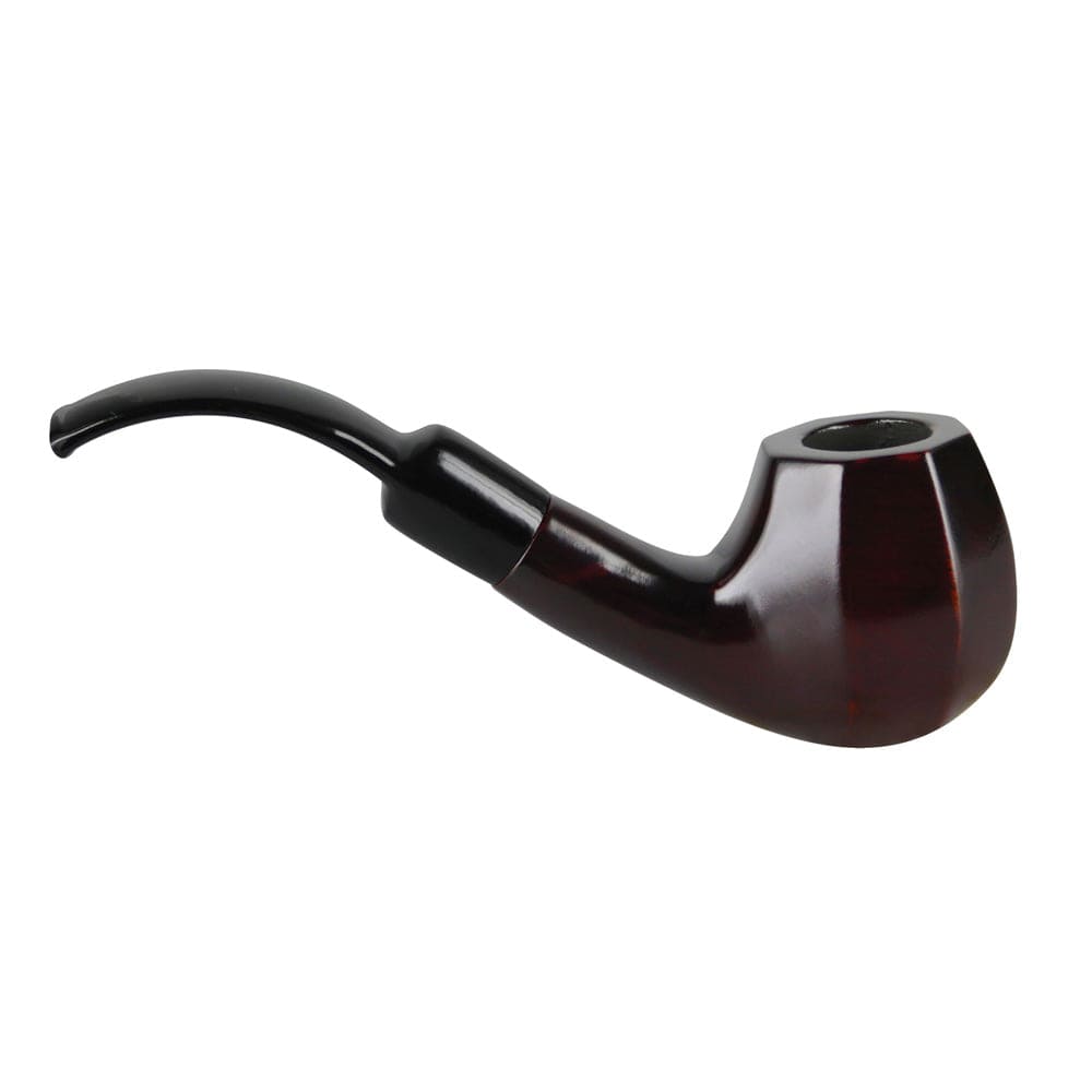 A side view of the Pulsar Shire Pipes Bent Octagon Brandy Cherry Wood pipe, showcasing its curved shape and polished wood finish.