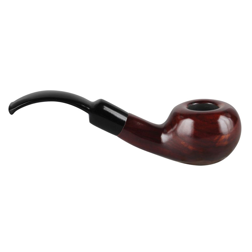 A side view of the 5.3" Pulsar Shire Pipes Bent Tomato Cherry Wood pipe, showcasing its curved design and polished wood finish.