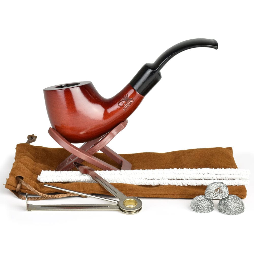 A three-quarter view of the Pulsar Shire Pipes Brandy Cherry Wood, showing the 6-inch pipe resting on a wooden stand.