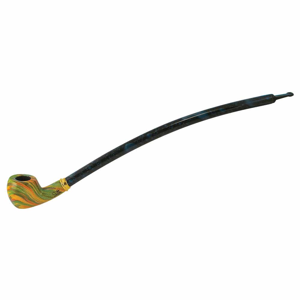 A side view of the 15-inch Pulsar Shire Pipes Curved Brandy Rainbow Cherry Wood Pipe, showcasing its gentle bend and polished wood grain.
