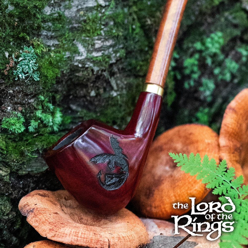 A close-up, angled view of the Pulsar Shire Pipes SMAUG Smoking Pipe, displaying its curved bowl and rich brown finish.