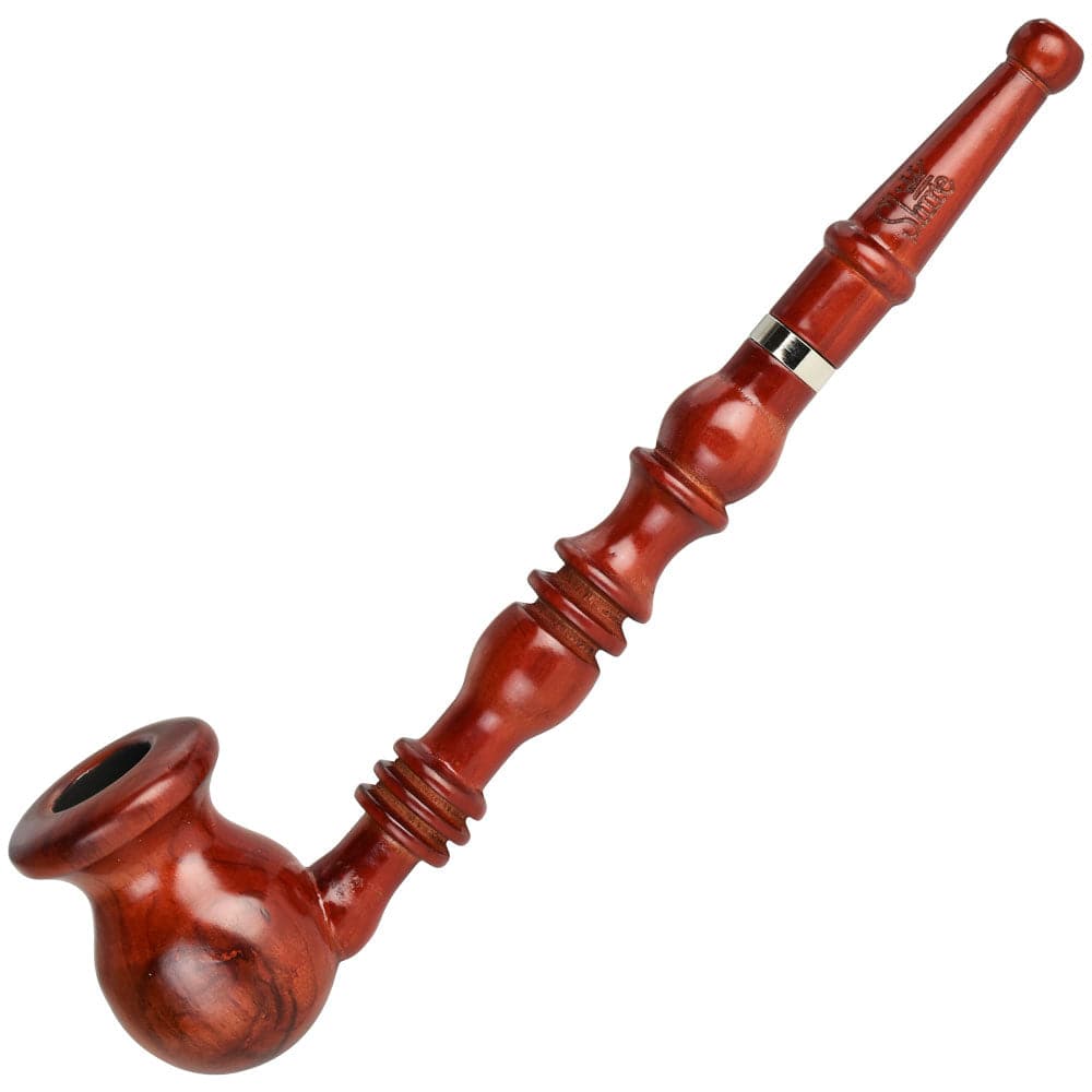 A side view of the 9-inch Pulsar Shire Pipes Vase Bowl Churchwarden Cherry Wood Pipe, showing its curved stem and polished wood grain.