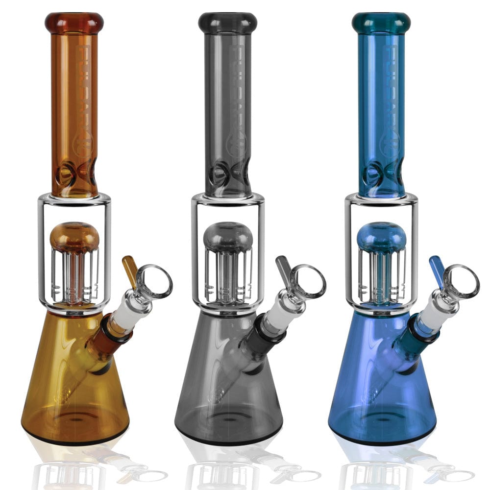 Front view of the 11.5" Pulsar Tree Perc Beaker, showcasing a colorful glass water pipe with a visible downstem and joint.