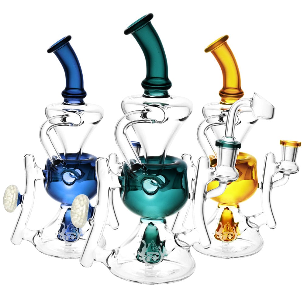 A front view of the Pulsar Ultra Glass Egg Recycler, displaying three clear glass bongs with rounded bases and unique recycler designs.