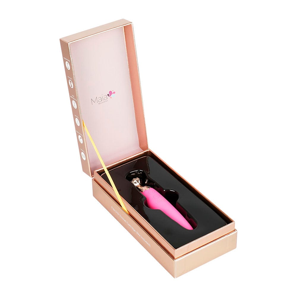 A top-down view of the Maia Novelties Vaporator 2-in-1 nestled inside its branded box, highlighting a sleek, modern design.