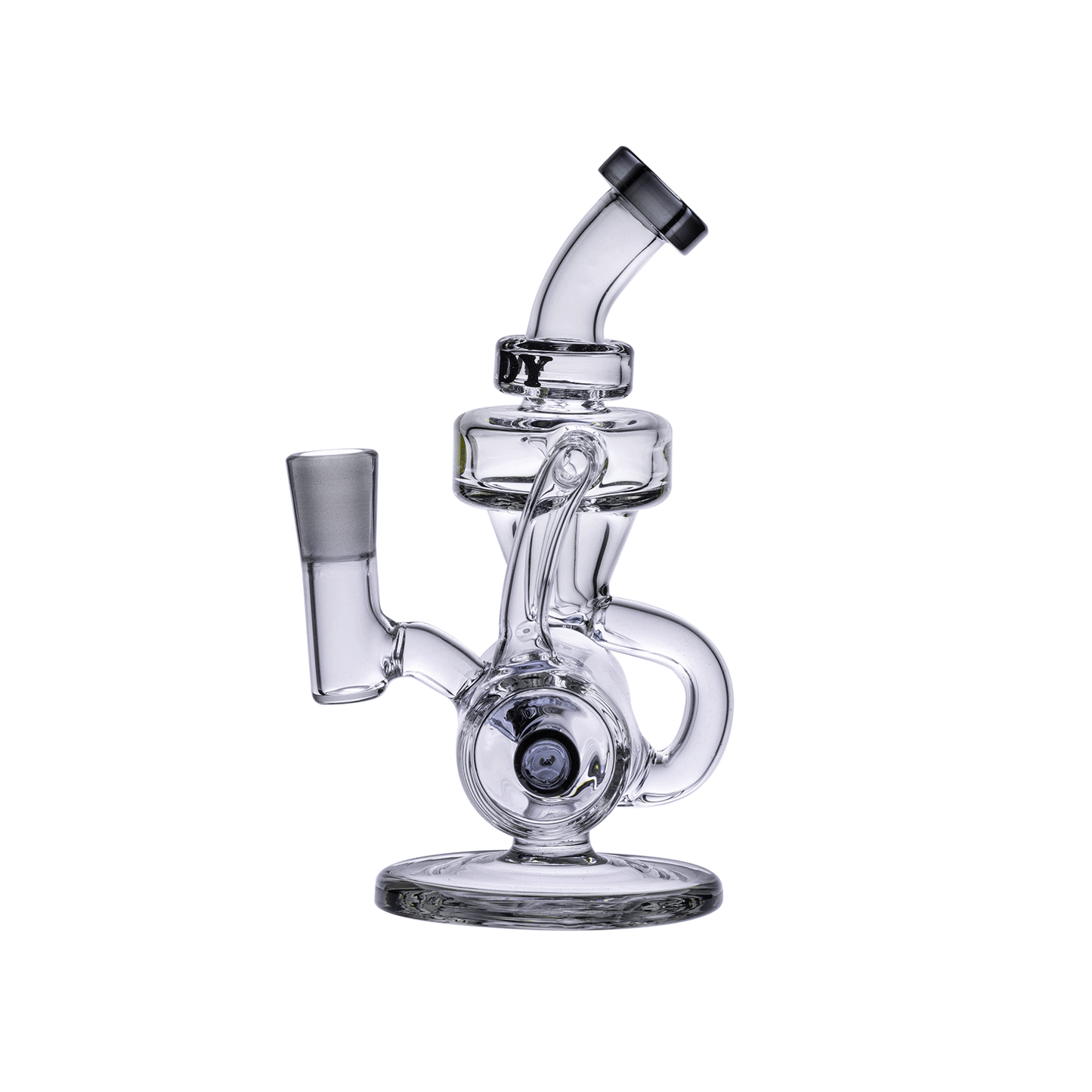 A three-quarter view of the Goody Glass - Drummer Boy Mini Dab Rig Recycler, showing its clear glass construction and compact design.