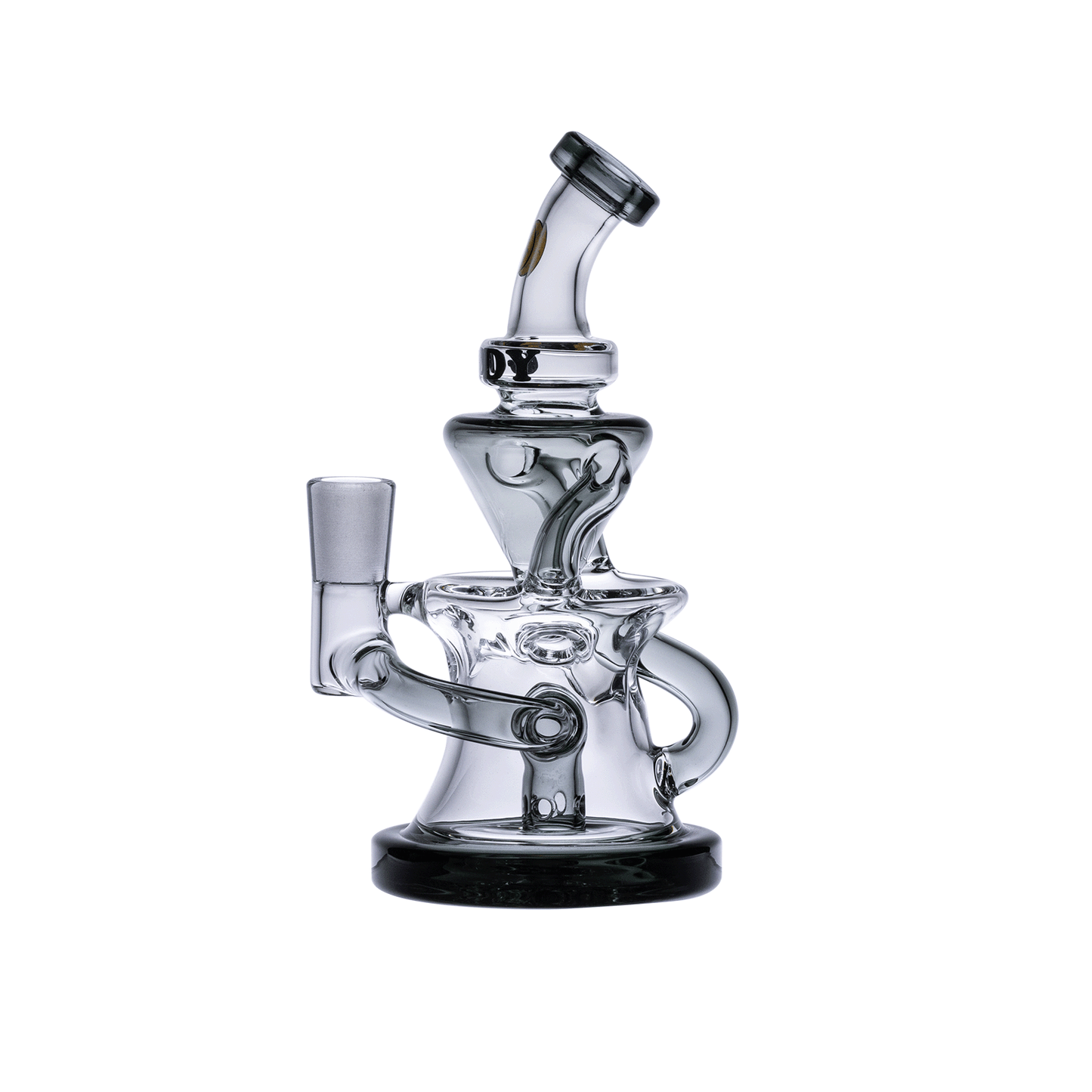 A three-quarter view of the Goody Glass - Miss Swiss Mini Dab Rig Recycler, highlighting its clear glass construction and compact design.