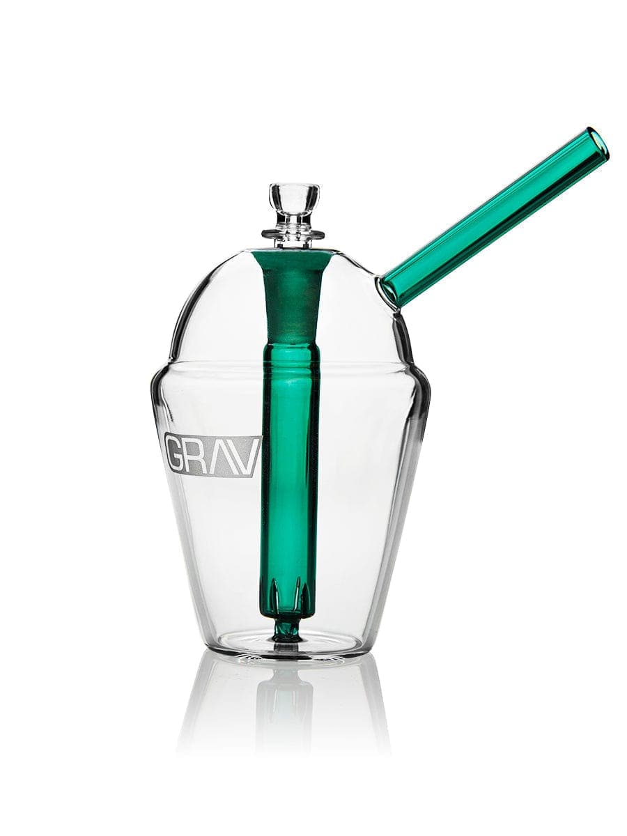 A front view of the GRAV® Slush Cup Bong, featuring a clear glass cup and vibrant green mouthpiece against a white background.