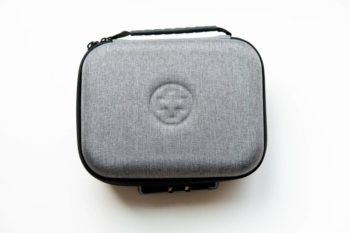Overhead view of The Very Happy Kit, a black zippered case on a plain white background.