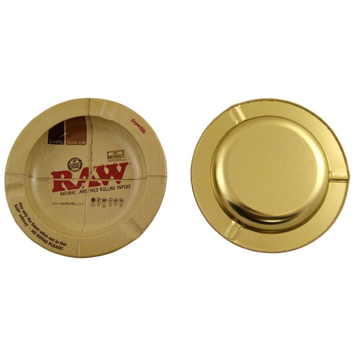 Top-down view of the RAW Metal Ashtray, a circular silver tray with embossed branding details.