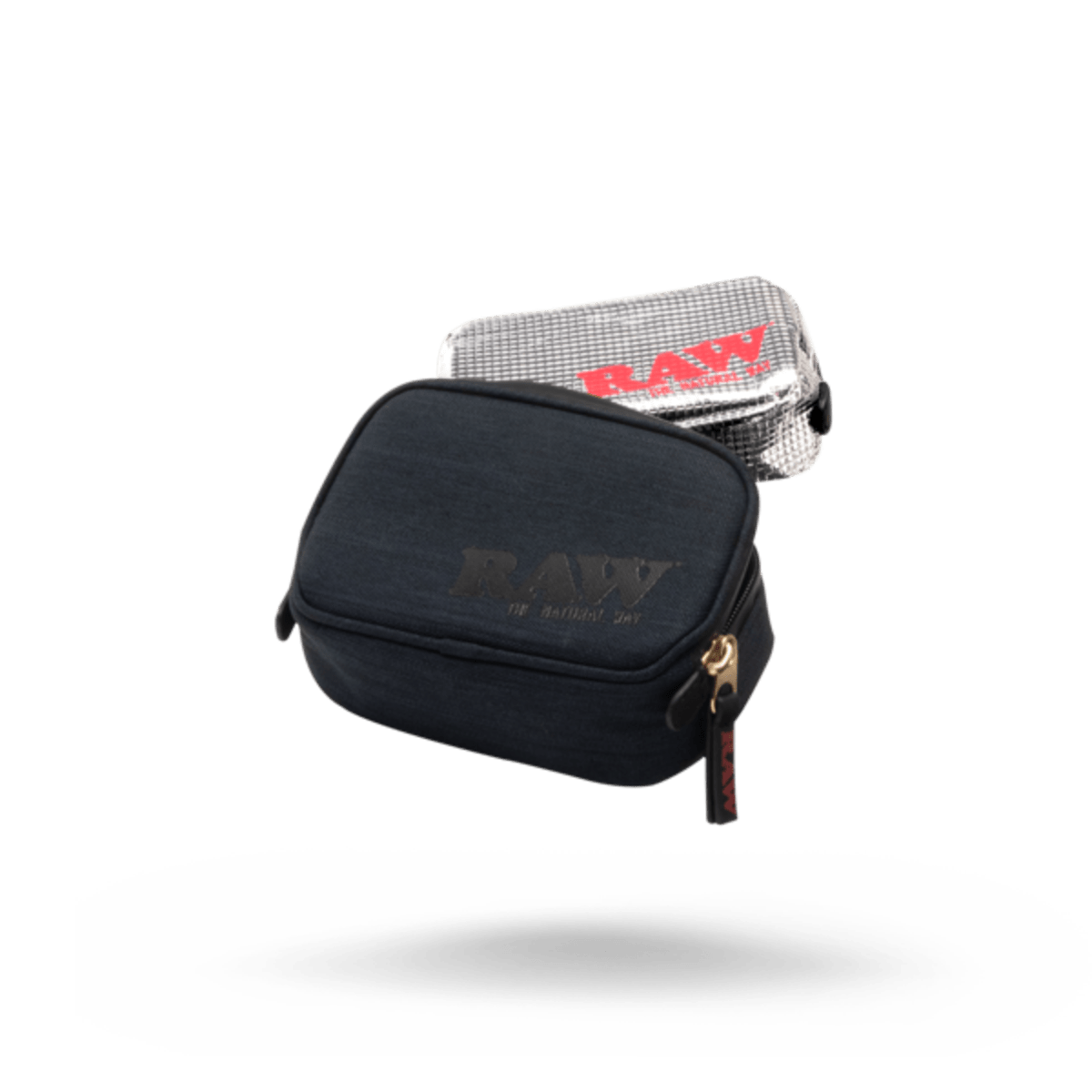 A centered, angled view of the RAW Smokers Pouch V2| a black zippered pouch with a small branded label on the front.