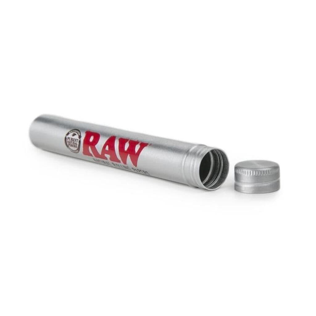 A slightly angled, close-up view of the RAW Aluminum Tube with its cap slightly off, revealing a hollow interior.