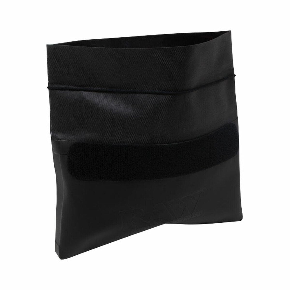 A three-quarter view of the flat, black RAW x RYOT Smell-Proof Flat Pack against a plain white background.