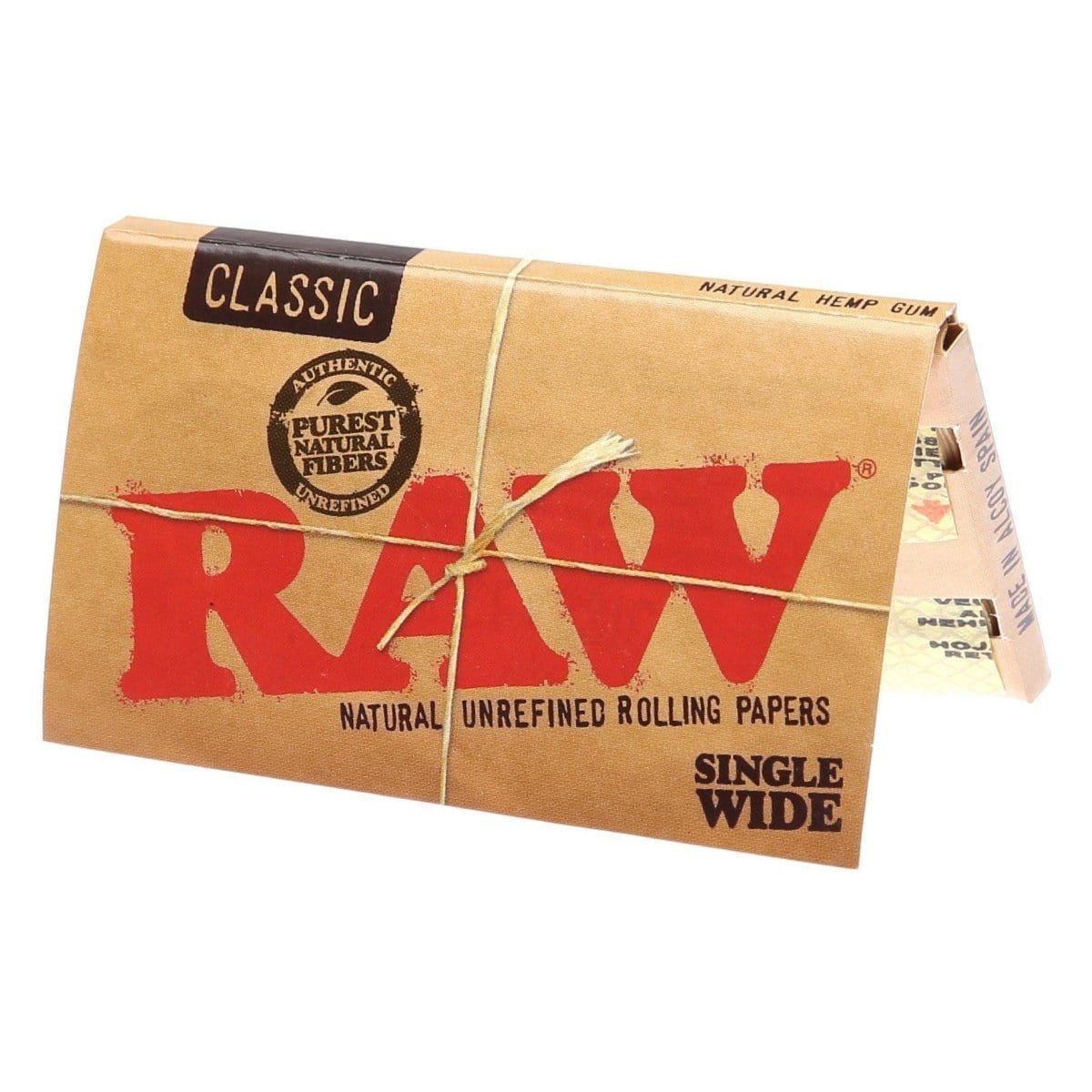 Close-up of a pack of RAW Classic Single Wide Rolling Papers, displaying the brand’s logo and packaging details.