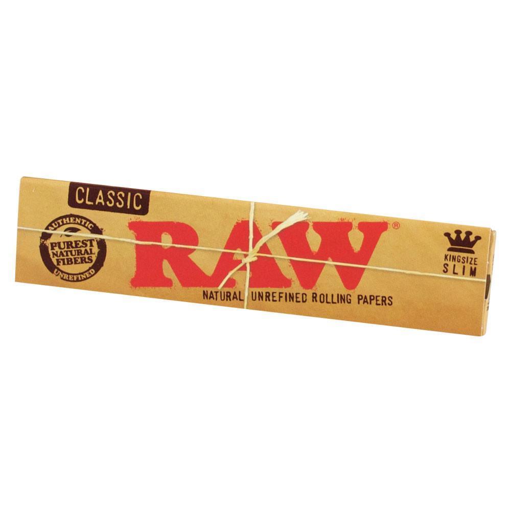 A close-up of the RAW Classic King Size Slim Rolling Papers package, displaying the branded design and product name.