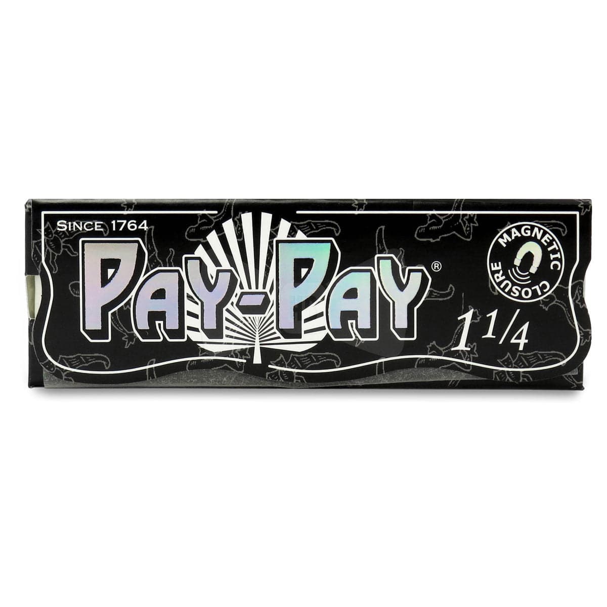 A close-up of Pay-Pay 1 1/4 Rolling Papers, showing the patterned booklet against a dark background.