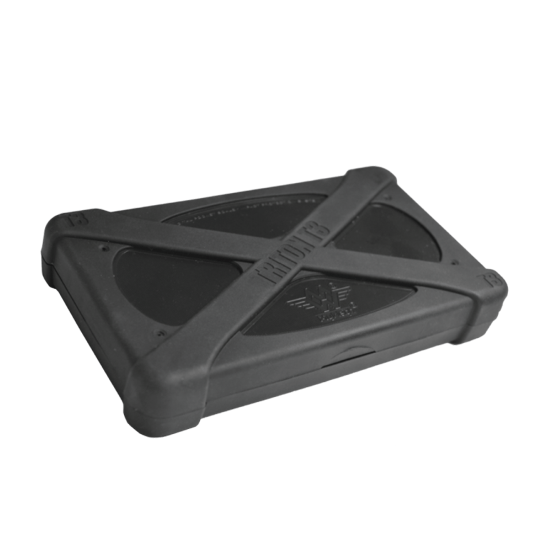 A slightly angled view of the My Weigh Triton 3 Scale, featuring a sleek, dark gray surface and a digital display.