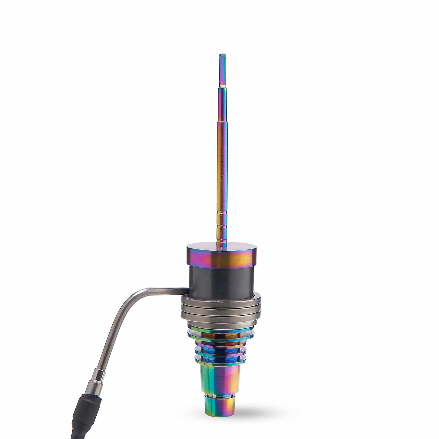 Close-up, angled view of the Chromatic Flat Tip Carb Cap, showcasing its metallic sheen and slender design.