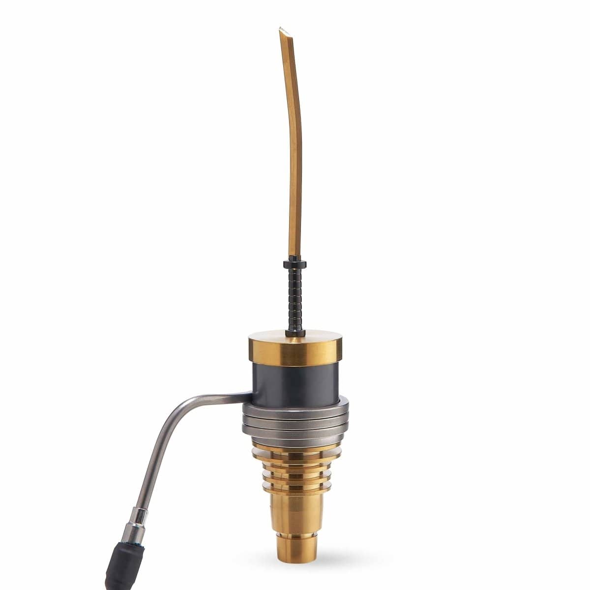 A close-up, angled view of the Gold Katana Carb Cap, showcasing its golden metallic finish and streamlined design.