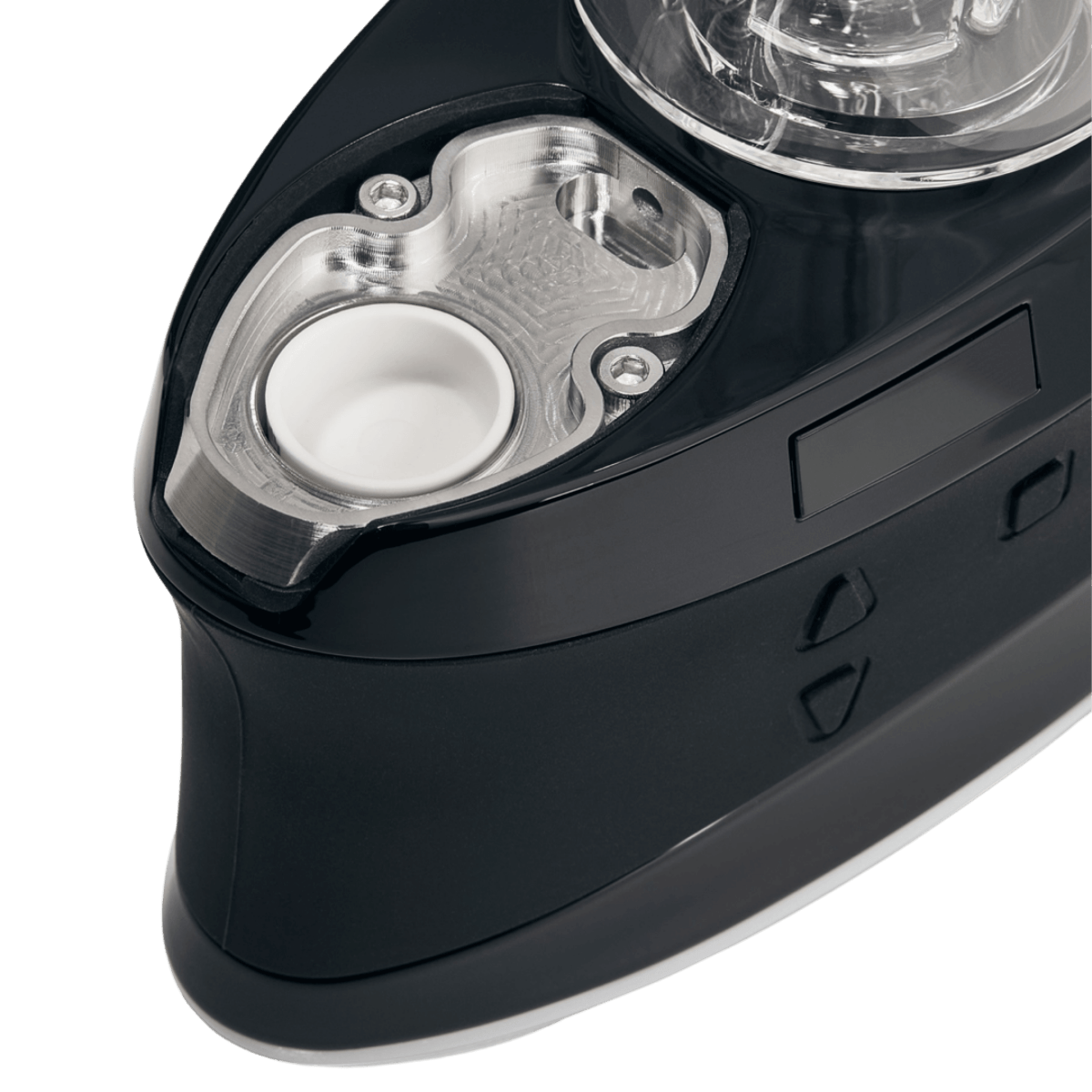 Close-up, angled view of the DUO, showcasing its smooth, dark surface and reflective detail.