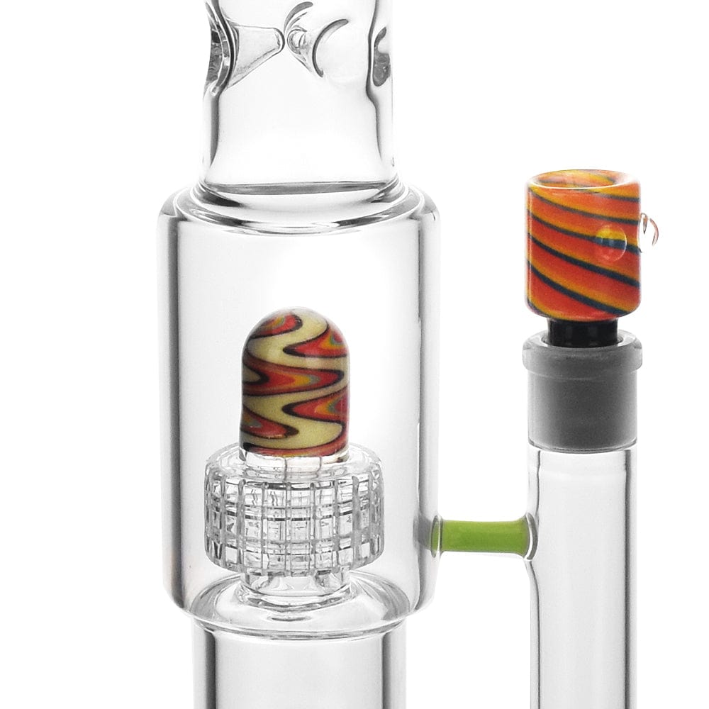 A close-up, angled view of the High Society Gemini Premium Wig Wag Waterpipe (Green) joint, featuring a colorful glass accent.