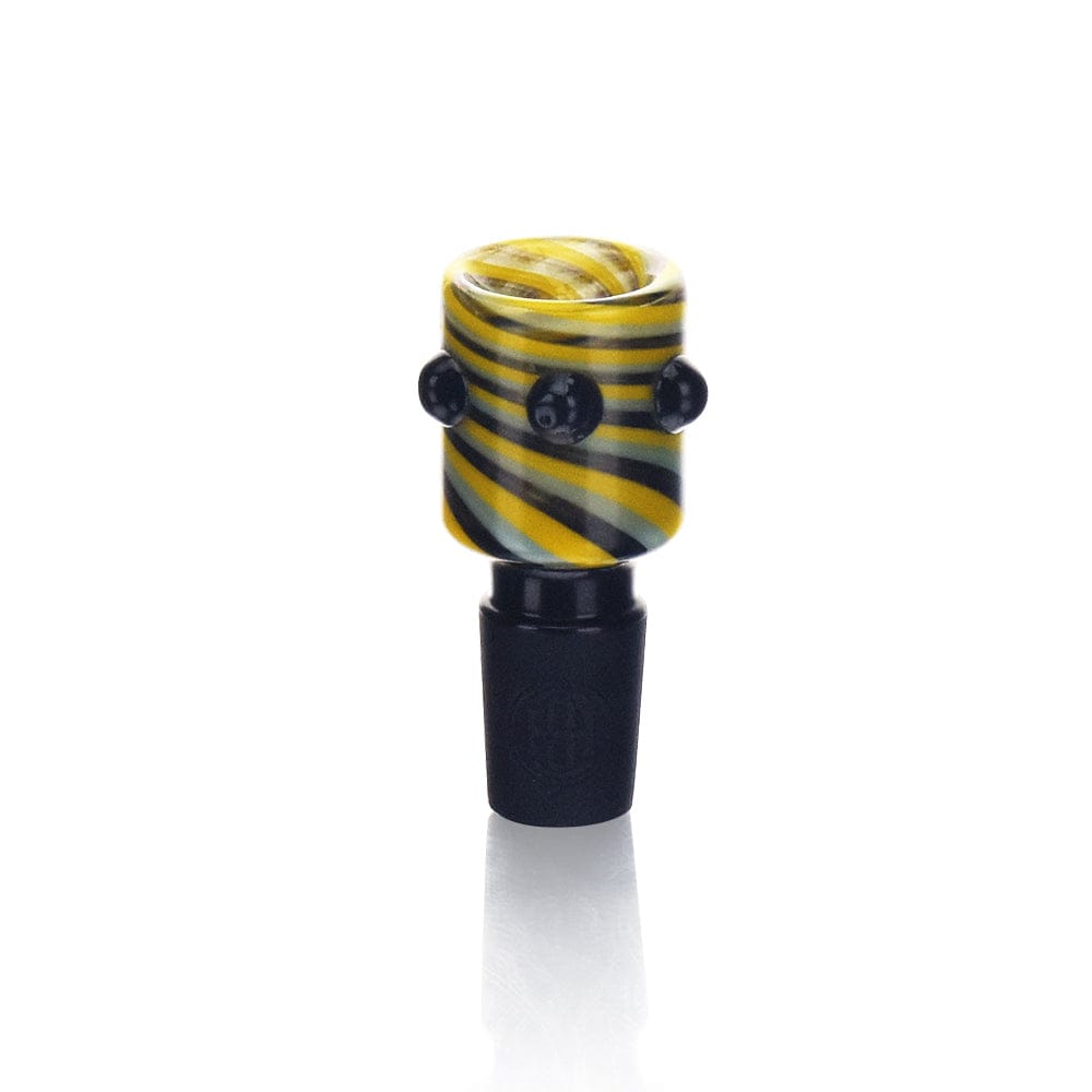 A close-up, angled view of the High Society Nebula Premium Wig Wag 18mm Bowl - Shaman, showcasing its colorful glass design.