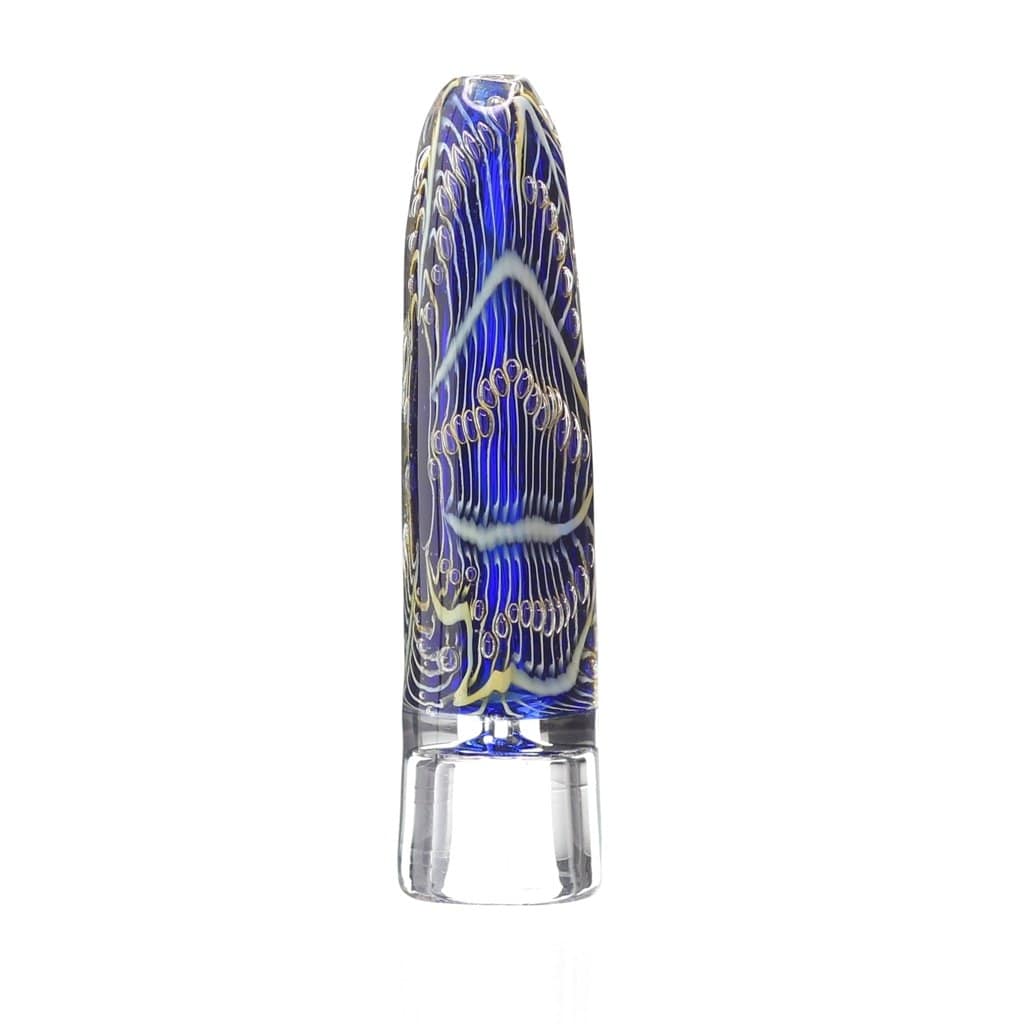 A straight-on view of the 4.20 Caliber One Hitter, showing the glass pipe’s clear construction with colorful swirls.