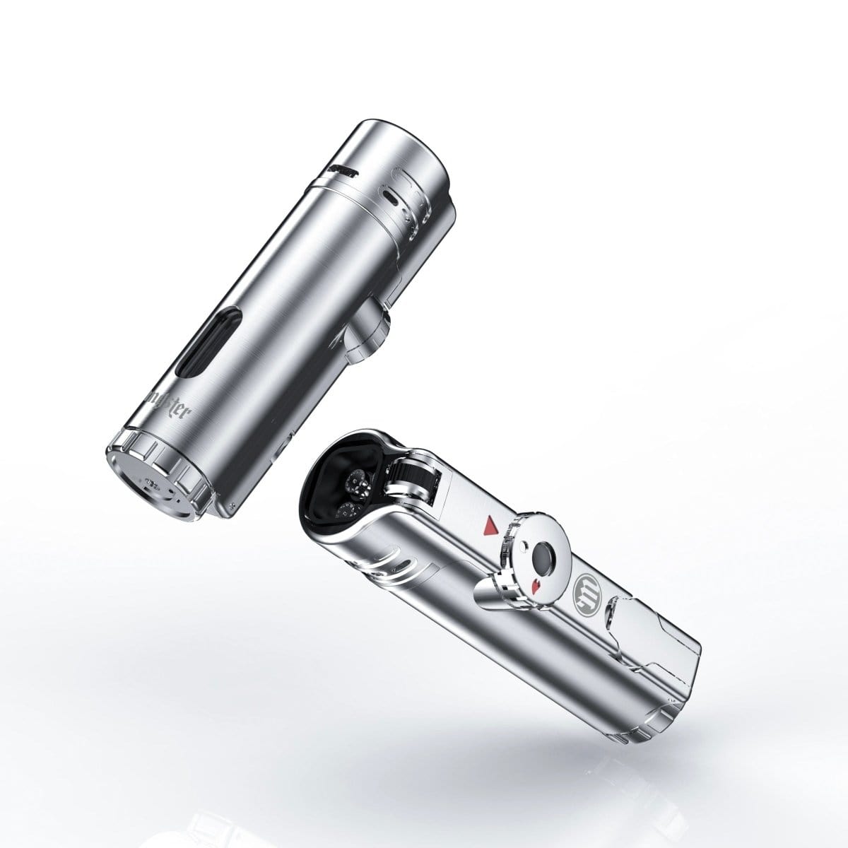 A silver Myster SABR Torch Lighter floats diagonally against a clean white background, showcasing its sleek, metallic finish.