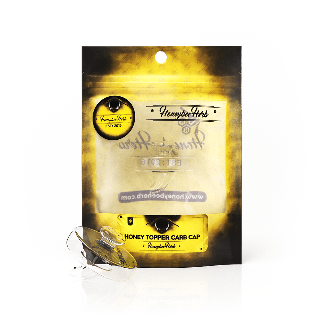 Front view of the Honeybee Herb Honey Topper Carb Cap, featuring a metallic finish and reflective surface.