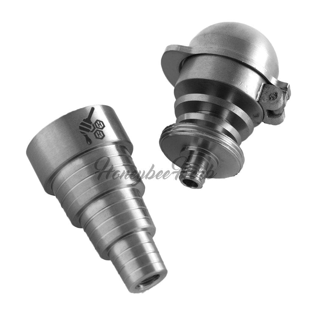 A close-up, angled view of the Honeybee Herb Titanium 6-in-1 Baseball Carb Cap Dab Nail, showcasing its metallic sheen and rounded tip.