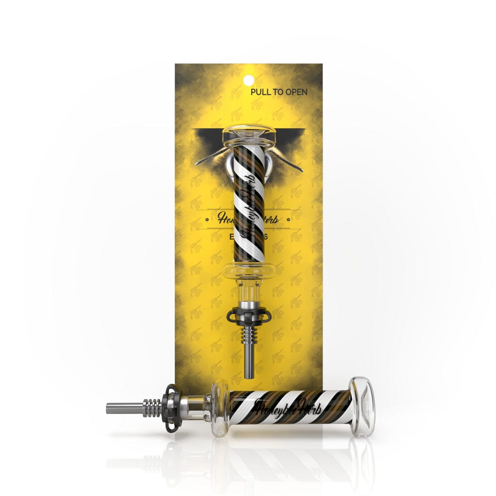 A close-up shot of the Candy Striped Nectar Collector, displaying its striped glass design against a patterned background.